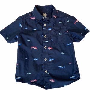 Wonder Nation Boys Size 4 Blue Shark Shirt Button Front Collar Short Sleeve